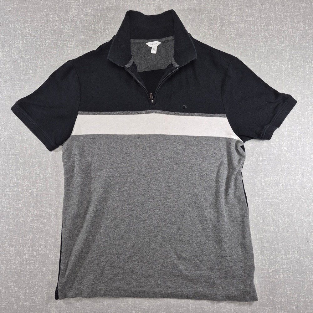 Calvin Klein Mens Quarter Zip Colorblock Polo Shirt Black Grey White Cotton M
